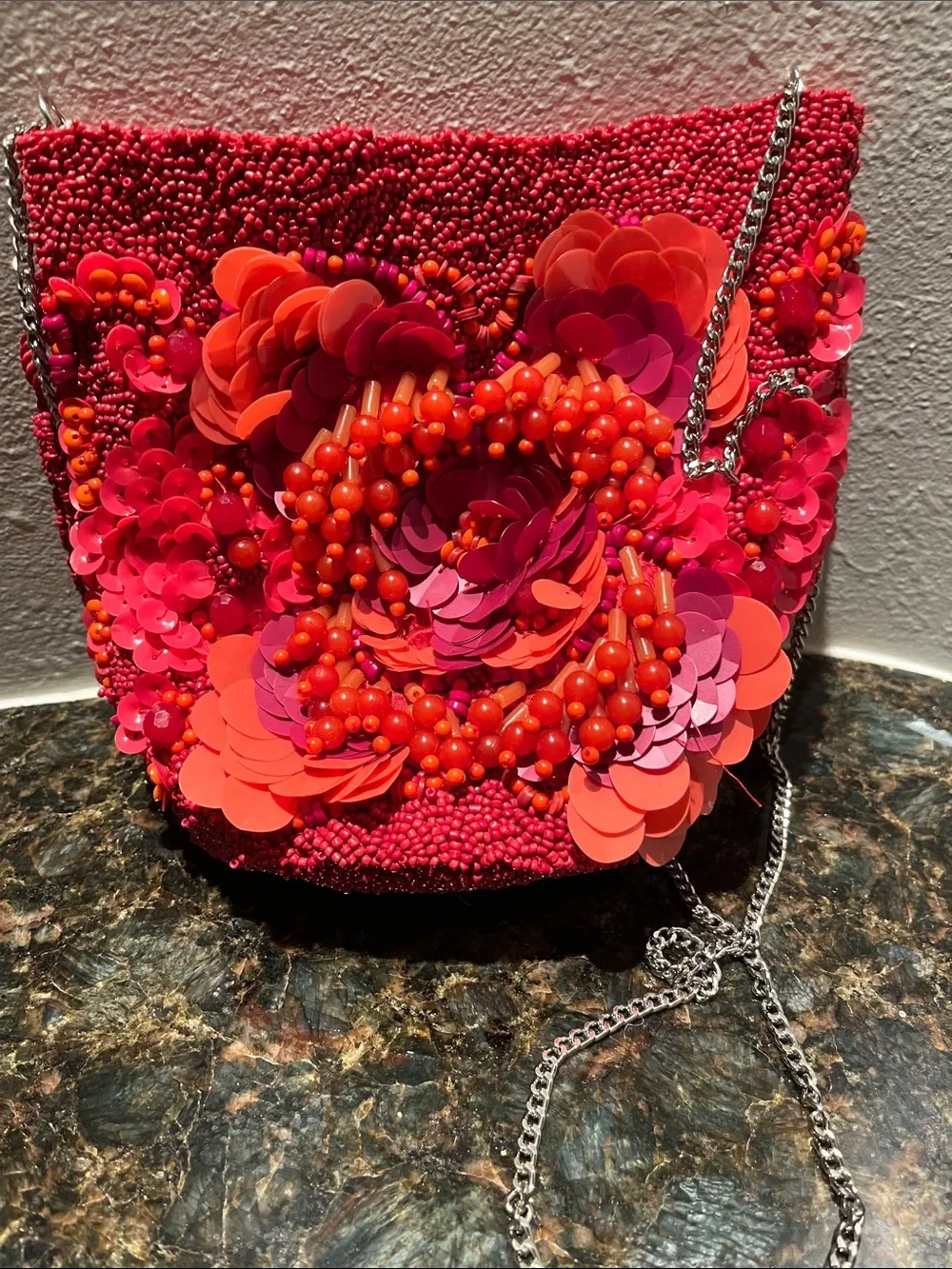 Red Floral Beaded Crossbody Bag with Silver Chain
